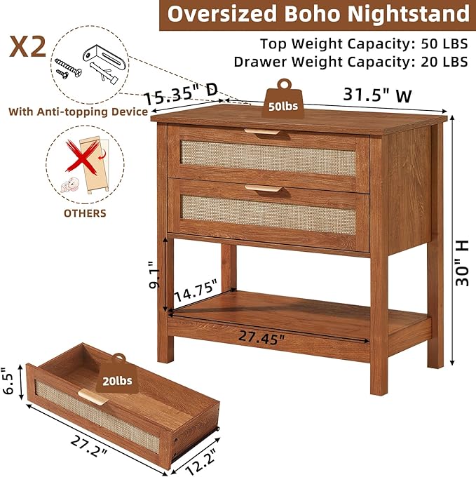 LEYAOYAO 31.5" Wide Rattan Night Stand, Large Boho Nightstand, Bedside Table with Storage, Tall Bed Side End Tables, Chest of Drawers for Bedroom, Living Room, Hallway（Brown,2 Drawers,2）