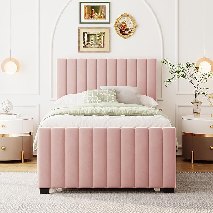Twin Size Bed Frame with Trundle Bed,Velvet Upholstered Bed Frame,Twin Size Trundle Bed with Headboard,Upholstered Platform Bed Twin for Kids Teens Adults(Pink)