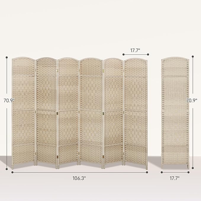 HOMCOM 6 Panel Room Divider, 6' Tall Folding Privacy Screen, Hand-Woven Freestanding Wall Partition for Home Office, Bedroom, Washed Oak