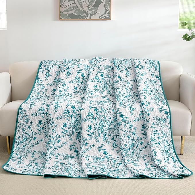 WONGS BEDDING Quilt Queen Size, Teal Quilt Bedding Set with 2 Pillowcases, Botanical Quilt for Queen Bed, Soft Microfiber Lightweight Coverlet Bedspread for All Season (96"×90", 3 Pieces)