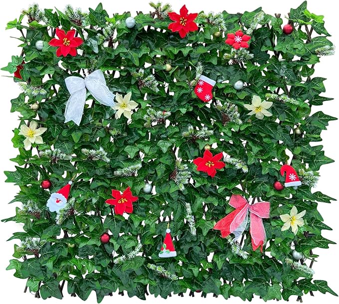 Sumery Expandable Fence Privacy Screen for Balcony Patio Outdoor,Decorative Faux Ivy Fencing Panel,Artificial Hedges (Single Sided Leaves) (2, Christmas-Ivy)