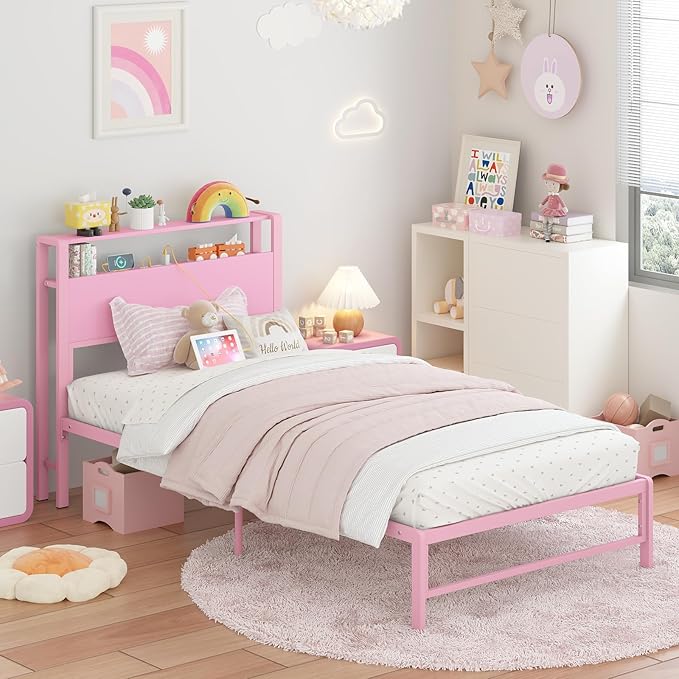 Twin Bed Frames with Charging Station, 2 Tiers Storage Headboard Twin Sized Bed No Box Spring Needed Heavy Duty Metal Platform for Girls, Pink