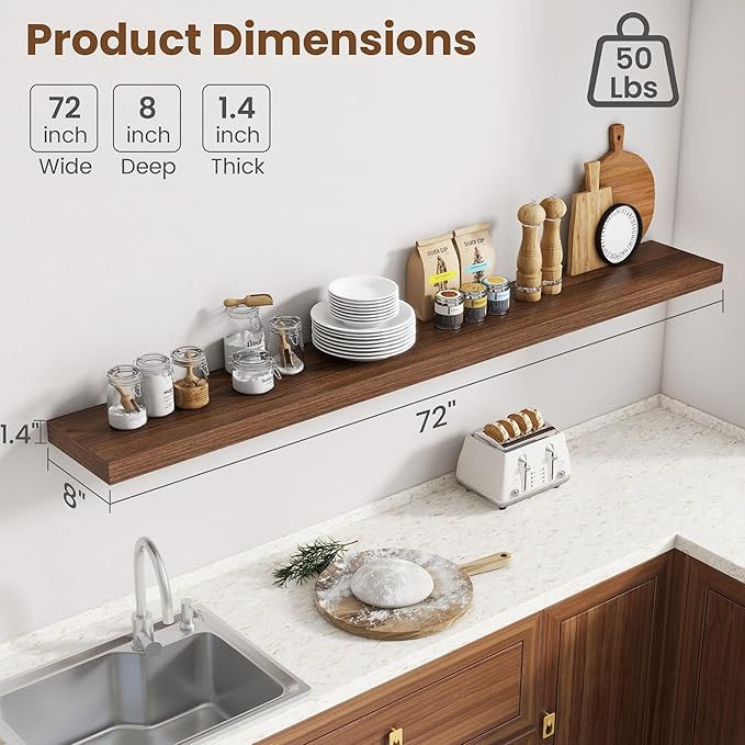 72 Inch Floating Shelves for Wall, 8 Inch Deep Floating Shelf for Storage & Display, Rustic Wall Mounted Shelf with Invisible Brackets for Living Room, Kitchen, Bathroom, Home Decor, Set of 2, Walnut