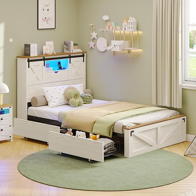 Hasuit Farmhouse Bed Frame Twin Size with 2 Storage Drawers, Wooden Platform Twin Bed with LED Lights and Charging Station, Rustic Accent Headboard with Sliding Barn Door Storage Cabinets