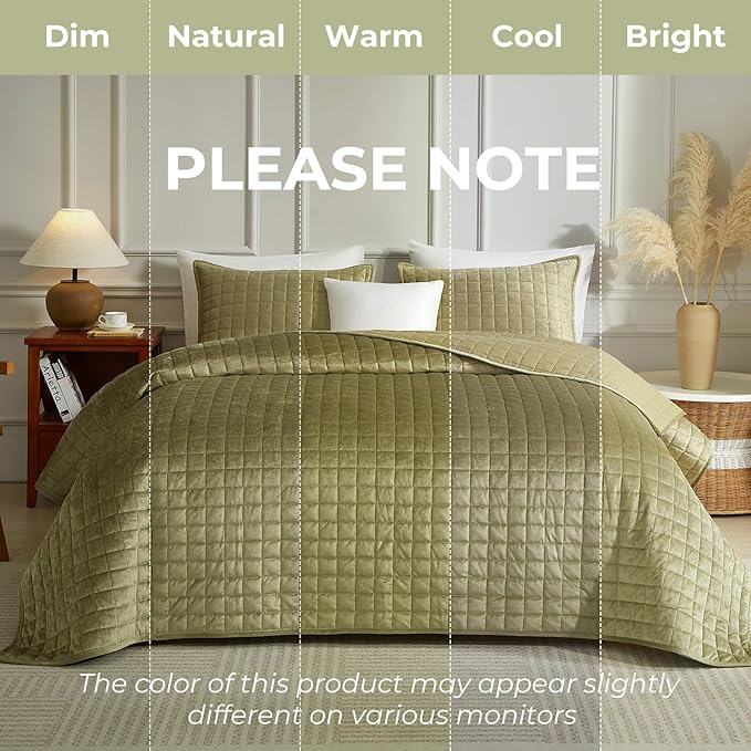 Powdion Velvet Quilt King,Luxurious King Size Quilt Bedding Set 3 Pieces Soft Lightweight Bedspreads Coverlet for All Seasons with 2 Pillow Shams,90x104 Vintage Olive Green Quilt King