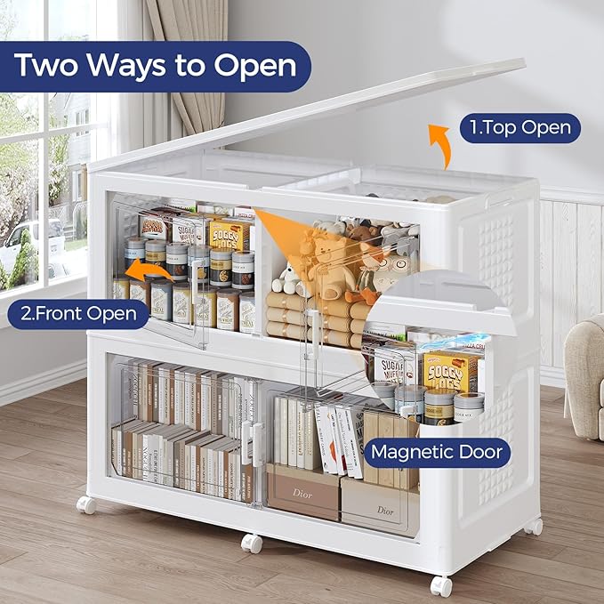 150GAL Storage Bins with Lid and Wheels, Stackable Closet Organizers and Storage Drawer, Collapsible Storage Box with Dividers, Foldable Plastic Cabinets for Room, Kitchen, 3 Pack White