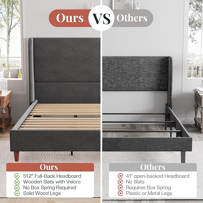 Jocisland King Upholstered Platform Bed Frame with 51.2" Tall Wingback Headboard–Solid Wood Legs, No Box Spring Needed, Dark Grey Linen–Modern Style for Any Bedroom
