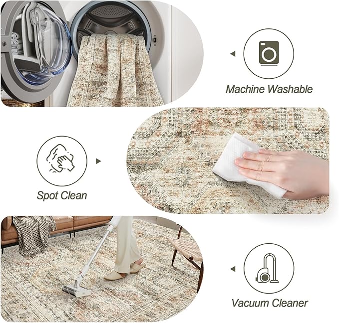 5x7 Area Rugs Brown Pink Low Pile Indoor Washable Trendy Faded Style Rugs for Bedroom Living Room Dining Room Foldable Non-Slip Thin Print Mat
