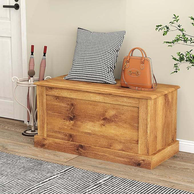 LOKO 35.5” Storage Chest, Lift Top Storage Box with Metal Hinges, Wooden Storage Bench with Safety Hydraulic Strut, Large Farmhouse Storage Trunk for Living Room, Bedroom, Entryway(Oak)