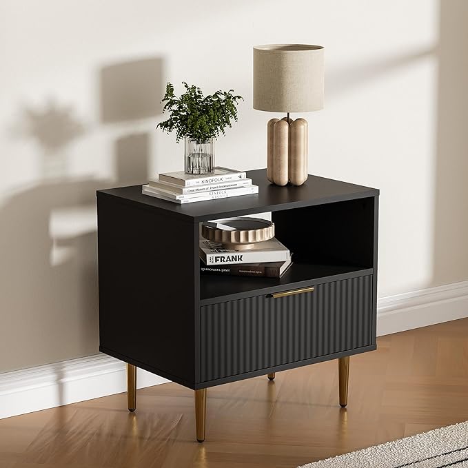 Nightstand with Drawer, End Table with Storage, Bed Side Table with Open Space for Bedroom, Modern Nightstand with Golden Handle, Side Night Stand for Bedroom, Living Room, Black