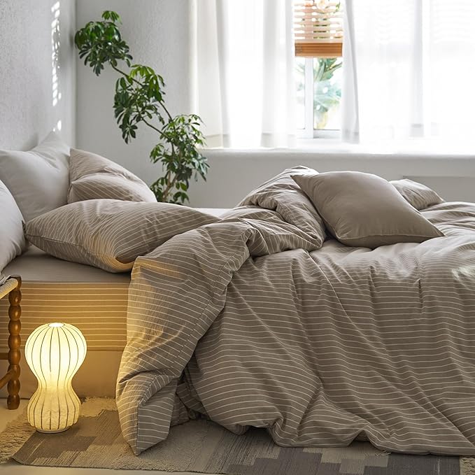 MooMee Striped Duvet Cover Set 100% Washed Cotton Linen Like Textured Breathable Durable Soft Comfy (Tannish Linen Grey White Wide Stripes, Cal King 104"x98")