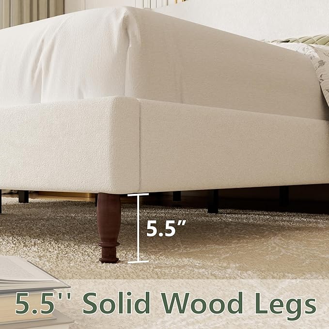 Queen Size Upholstered Platform Bed Frame, 51" Tall Chenille Fabric Headboard with Classic Curved Wingback Design, Vintage Solid Wood Legs, Easy Assembly & Noise-Free, Box Spring Option, Beige