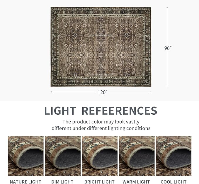 8x10 Vintage Washable Area Rug for Living Room,Low Pile Non Slip Carpet Non-Shedding Large Area Rug Soft Indoor Stain Resistant Rug Floral Print Mat for Bedroom Dining Room Brown Floral