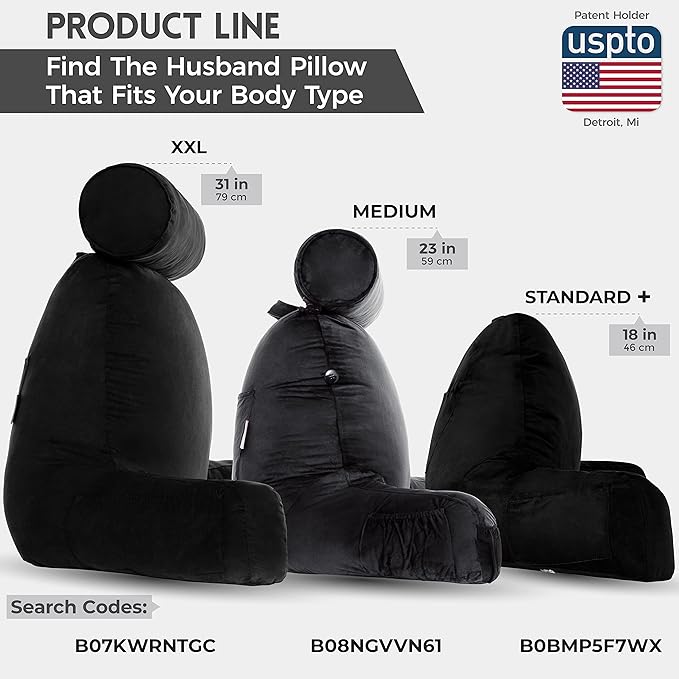 Husband Pillow XXL Aspen Edition, Adult Reading Sit Up Bed Rest Pillow for Bed with Arms & Neck Roll on Bungee Cord - Premium Memory Foam - Reversible 2 Sided Cover Micro Suede or Plush, Stable Black