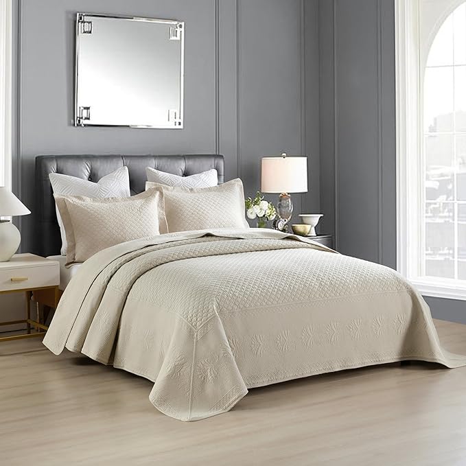 MarCielo 3-Piece 100% Cotton Oversized Bedspread Lightweight Quilt Coverlet Embroidery Farmhouse Bedding Set (TM Khaki Beige, Oversized King (118"x106"))