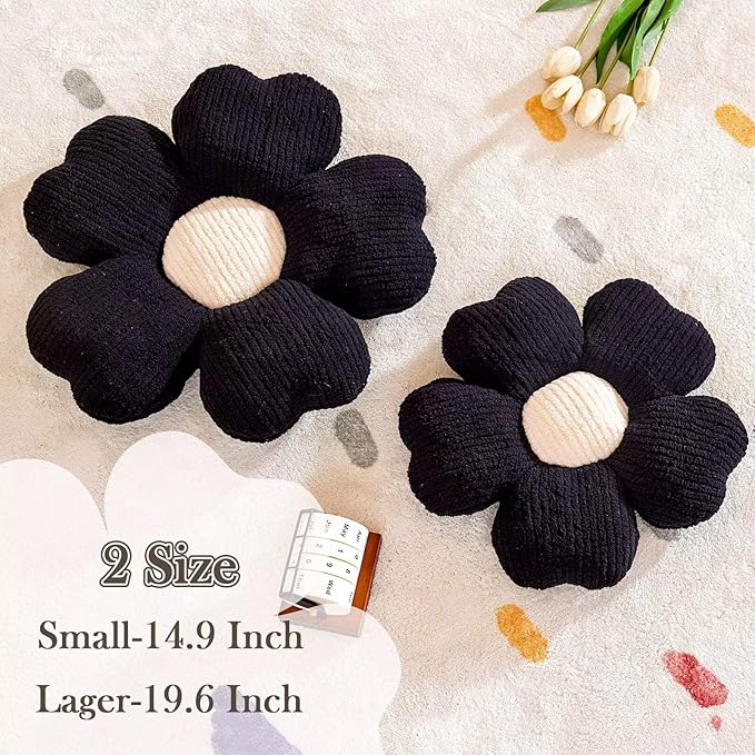 Kcvvcr Flower Throw Pillow, Cute Flower Shaped Pillow Decorative Throw Pillow for Bed Couch, Soft Daisy Pillows Floor Seating Cushion Cushions (14.9 Inch Black)