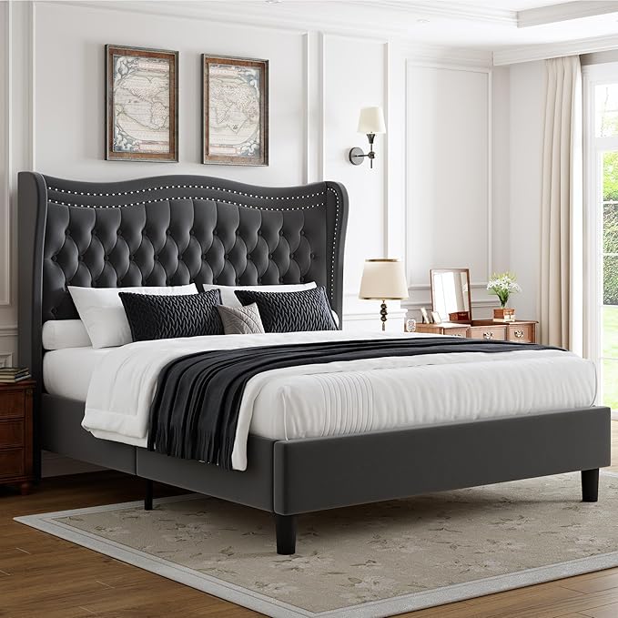 Upholstered Full Size Bed Frame with Tall Headboard, Velvet Wingback Platform Bed Frame with Deep Button Tufted, No Box Spring Needed, Noise Free, Grey