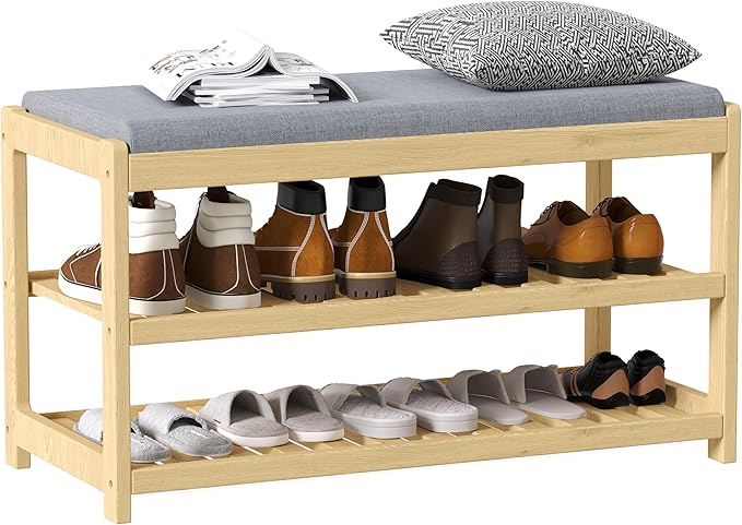 Shoe Bench Entryway, 100% Solid Solid Wood Shoe Rack Bench with Storage and Cushion Padded Seat, 3-Tier Shoe Organizer for Hallway Living Room, Mudrooms, Natural