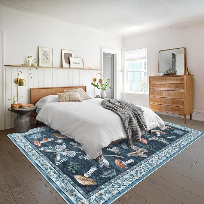 Washable Rug 5x7 Area Rugs for Living Room, Mushroom Insect Rug for Bedroom, 5x7 Rug Non Slip Throw Rugs with Rubber Back, Low Pile Stain Resistant Modern Carpet for Dining Room Dorm,Blue