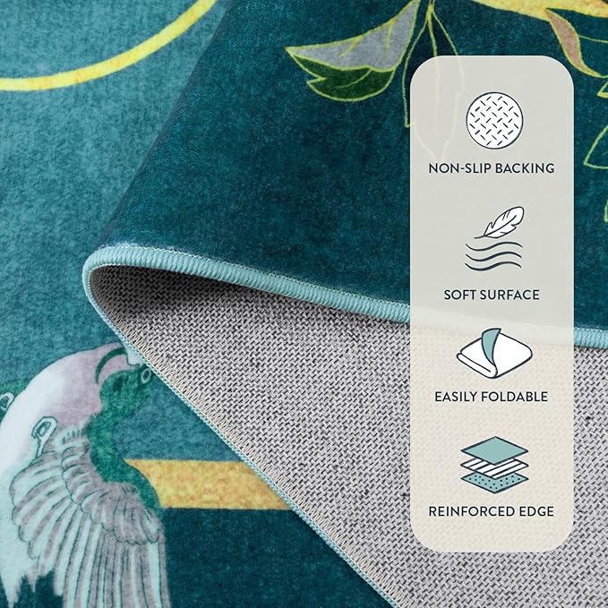 Lahome Peacock Washable Rugs 5x7, Soft Blue Rug for Living Room Bedroom, Floral Vintage Non-Slip Low Pile Stain Resistance Carpet for Farmhouse Dining Room Office, Blue