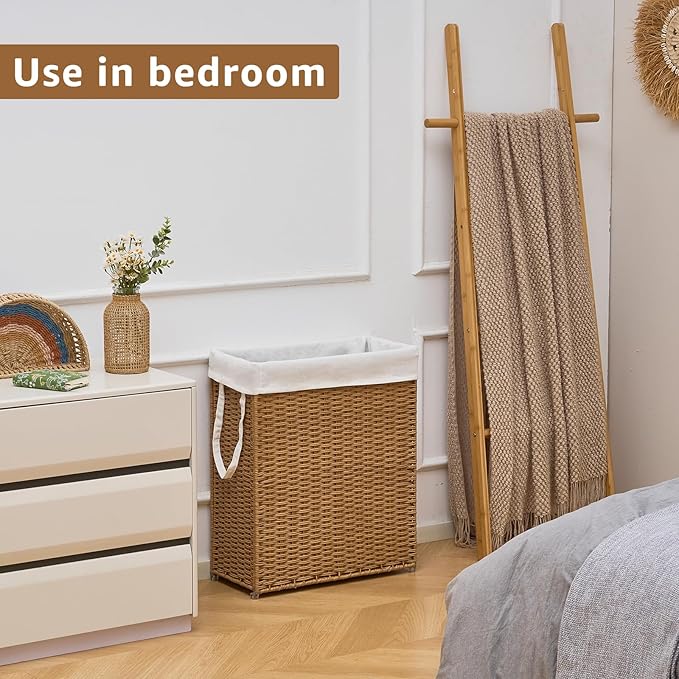 Slim Wicker Laundry Hamper, 75L Handwoven Rattan Basket with Handles, Narrow Laundry Basket with Removable Liner Bag & 2 Mesh Bags