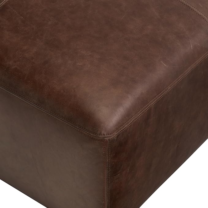 Poly & BARK Sequoia Ottoman – 35” Square Pouf with Feather-Down Topper – Full-Grain Leather Upholstered Pouf Ottoman for Living Room – Vintage Italian Leather in Chocolate Brown