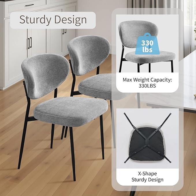 Dining Chairs Set of 4 Modern Chenille Upholstered Kitchen & Dining Room Chairs Wide Seat Filled with 58D Memory Foam Cushion Ergonomic Curved Backrest Vanity Chairs for Restaurant Grey