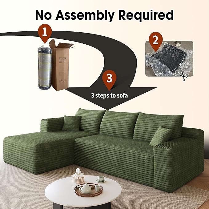 96" Sectional Couches for Living Room Modern Modular Sofa with L-Shape Couchs Upholstered Boneless Couch Deep Seat Sectional Couch with Chaise (Green, 96" Left Facing Chaise+2Seaters)