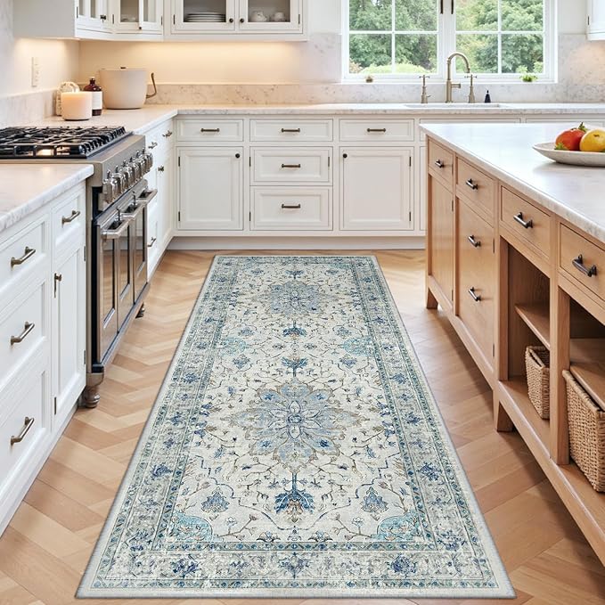 Area Rugs 3'x6' Washable Non-Slip, Floral Vintage Distress Print Pattern Medallion Carpet for Living Room Bedroom Dining Room, Light Blue Navy Beige Gray White