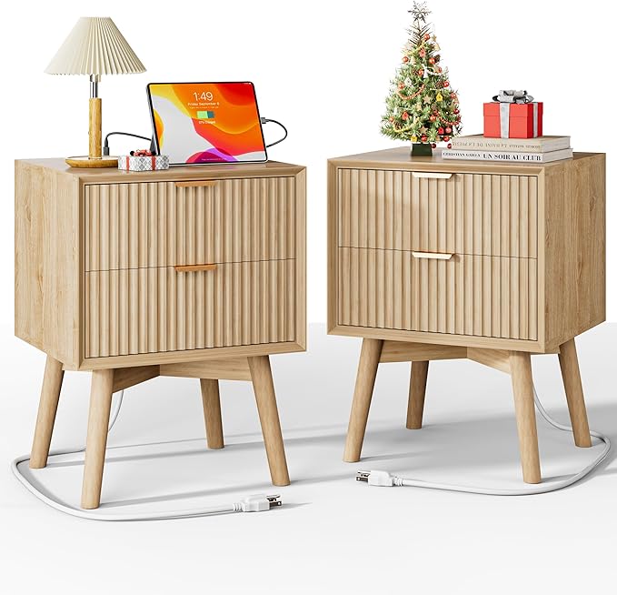 Fluted Nightstand, Night Stand Set 2, Modern Nightstands Set of 2 with Beveled Edge & Solid Wood Legs, 2 Drawer End Table with Charging Station, Wooden Bedside Table for Bedroom,Natural Oak
