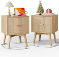 Fluted Nightstand, Night Stand Set 2, Modern Nightstands Set of 2 with Beveled Edge & Solid Wood Legs, 2 Drawer End Table with Charging Station, Wooden Bedside Table for Bedroom,Natural Oak
