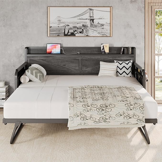 LIKIMIO Twin Daybed with Trundle Bed, Storage Headboard with Charging Station, Sofa Day Bed with Strong Supports for Living Room, Bedroom, and Guest Room, Charcoal Grey