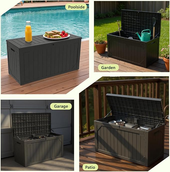 100 Gallon Outdoor Storage Box Waterproof, Lockable Resin Deck Box Patio Storage Bin for Pool Accessories Cushion Furniture, Garden Tools, UV-Resistant Outside Delivery, Black