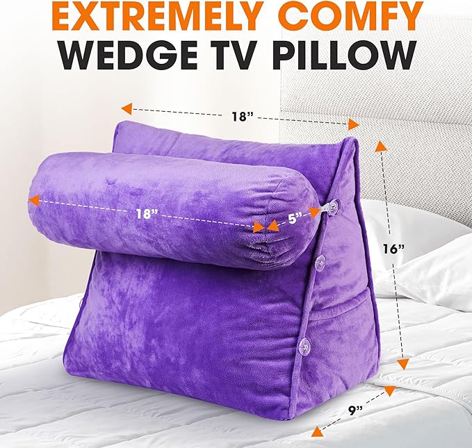 Cheer Collection Reading Wedge Pillow - Adjustable Wedge Reading Pillow with Neck Support, Hollow Fiber-Filled Backrest Pillow for Reading, Gaming, and TV Watching, Purple