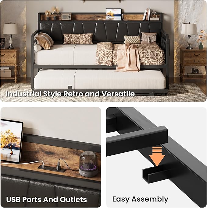 LIKIMIO Daybed with Trundle Bed, Twin XL Bed Frame with Storage Headboard and Charging Station, Sofa Day Bed with Strong Supports for Living Room, Bedroom, and Guest Room, Black