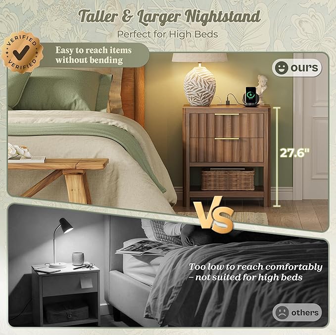 Huuger 27.6 Inch Tall Night Stand with Charger Station, USB-C Port, Fluted Nightstand with 2 Deep Drawers, Larger Wider Bed Side Table with Open Shelf, Bedroom Living Room End Table, Walnut