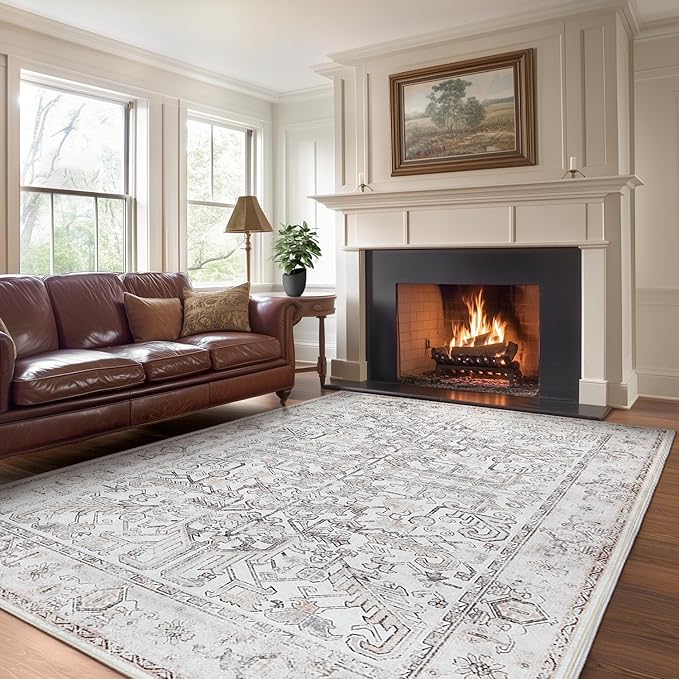 jinchan 8x10 Machine Washable Area Rugs for Living Room - Vintage Floral Stain Resistant Low Pile Ultra-Thin Non Slip Accent Rug for Bedroom Kitchen Dining Room Home Office (8x10ft,Taupe)