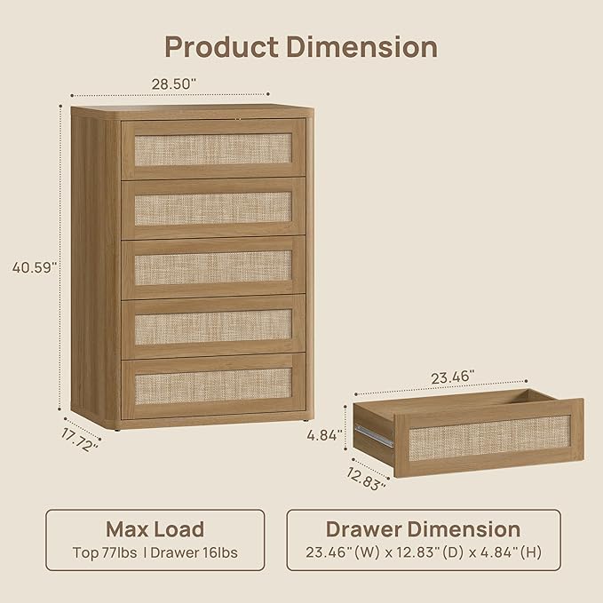 SICOTAS Tall Dresser for Bedroom - Rattan 5 Drawer Dressers Chest of Drawers with Push-to-Open Design, Modern Extra Deep Clothes Dresser with Large Storage for Closet, Living Room, Amber Oak, 3PCS