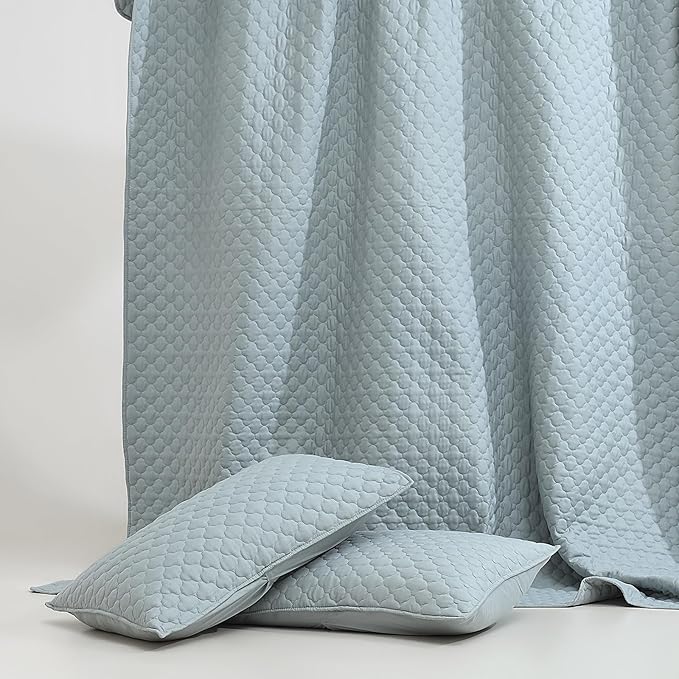 HORIMOTE HOME Quilt King Size Chambray Blue, Lightweight Quilt for Summer, Ultra-Soft Polyester Modern Style Quilted Clouds Pattern Bedspread Quit Set 3 Pieces(1 Quilt and 2 Pillow Shams)