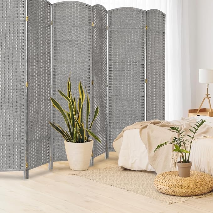 VINGLI 6-Panels Tall Rattan Room Divider, 6 FT Folding Privacy Screen, Indoor Partition Wall Dividers, Freestanding Hinged Space Separator (Grey)