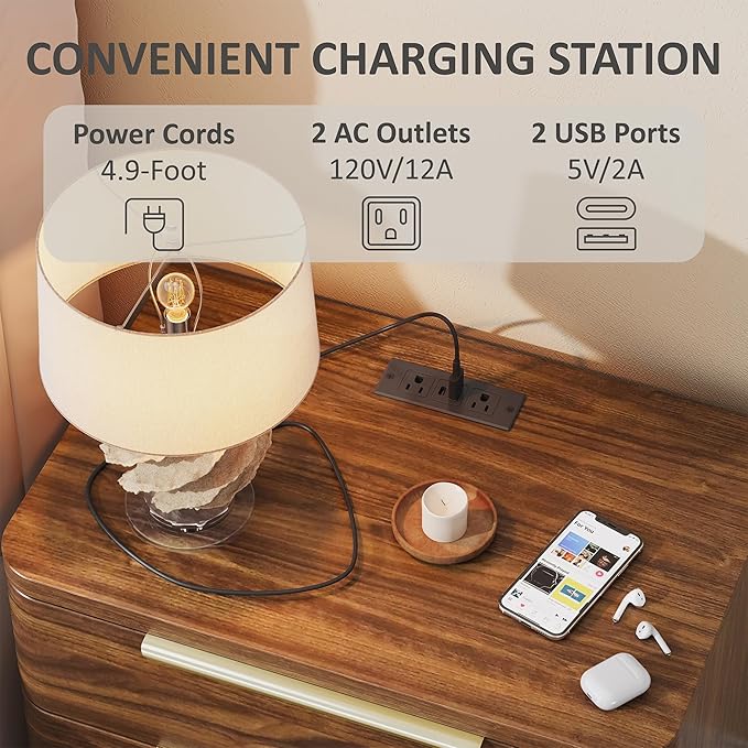 Nightstands Set of 2, Bedside Table with 3 Storage Drawers, 24" Tall Wood Night Stand with Charging Station, Modern Wide End Table Side Table W/Metal Handle Curved Profile for Bedroom