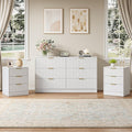 55" Long Dresser and Nightstand Set 3-Piece, 6 Drawer Dressers & Night Stand Set of 2 with Metal Handle, Fluted Modern Wood Chest of Drawers Storage Dressers Set for Bedroom, White