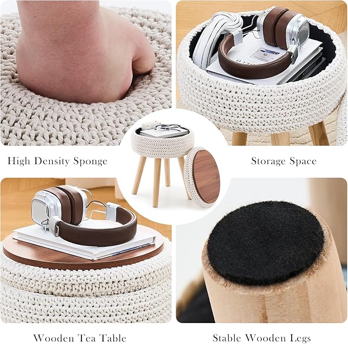 LGENHOOM Round Foot Stool Ottoman with Storage Footrest with Wood Legs Cotton Knitted Vanity Stool Tray Top Coffee Table Multifunctional Upholstered Footstool for Living Room Bedroom White