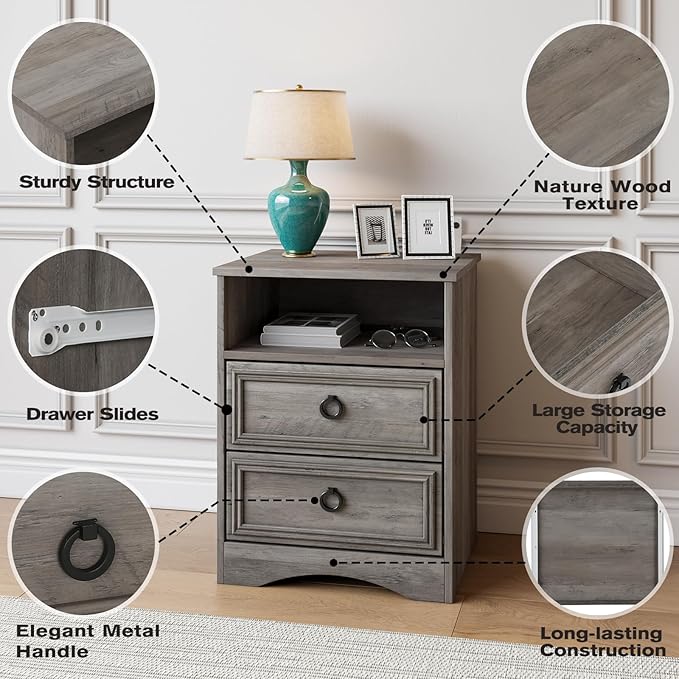 Set of 2 Nightstand with 2 Drawers, 18"W Night Stand with Drawers for Bedroom, Large Accent Bed Side Table and End Table with Open Compartment-Easy Pull Handle, Textured Border for Living Room,Gray