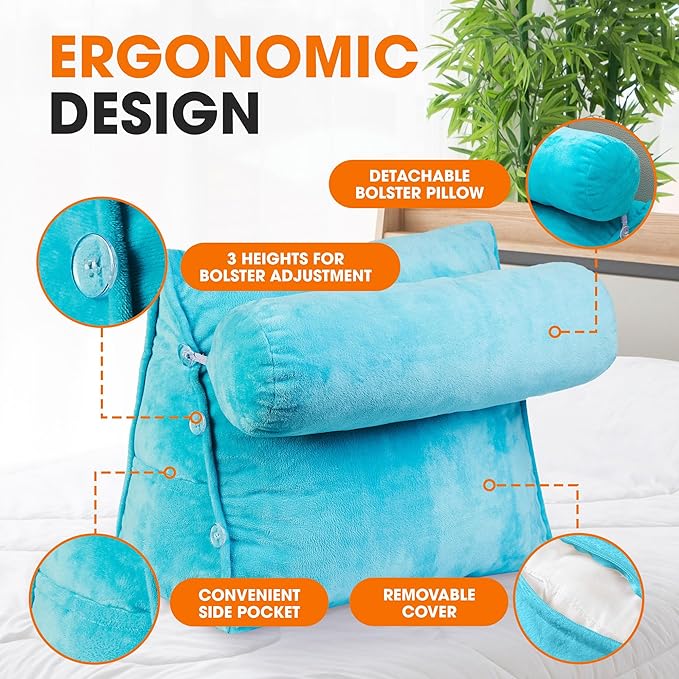 Cheer Collection Reading Wedge Pillow - Adjustable Wedge Reading Pillow with Neck Support, Hollow Fiber-Filled Backrest Pillow for Reading, Gaming, and TV Watching, Sky Blue