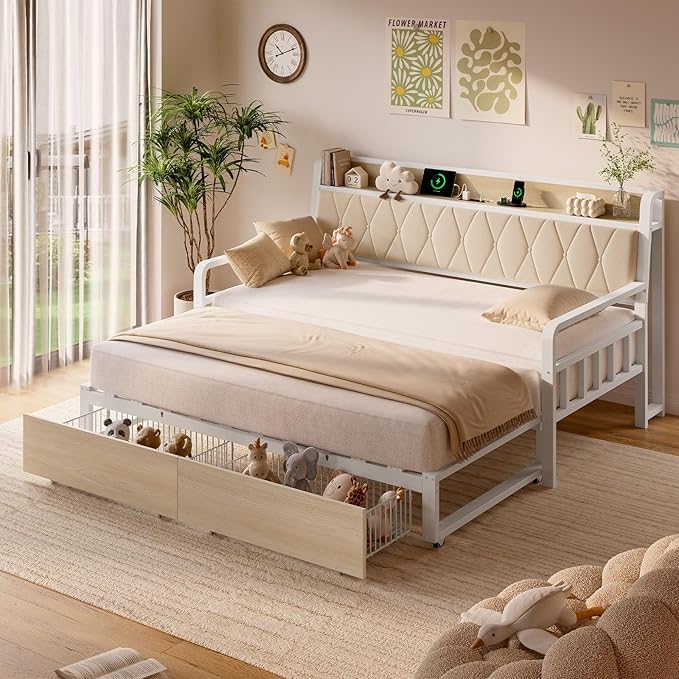 ONBRILL Twin Daybed with Trundle, Twin to King Daybed with Pop up Trundle, Metal Twin Day Bed Frame with Storage Drawers, Upholstered Headboard & Power Outlet for Living Room & Guest Room, White