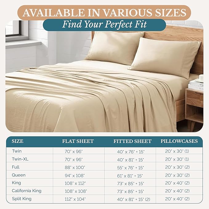 Casa Platino Cooling King Bed Sheets – 4 Piece Set, Pre-Washed Ultra Soft Microfiber, Cozy & Breathable Sheet Set, Deep Pocket Fitted Sheet for King Mattress, Brushed Fabric Finish - Linen Color