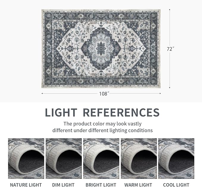 6x9 Vintage Washable Area Rug for Living Room,Low Pile Non Slip Carpet Non-Shedding Area Rug Soft Indoor Stain Resistant Rug Floral Print Mat for Bedroom Dining Room Blue Beige