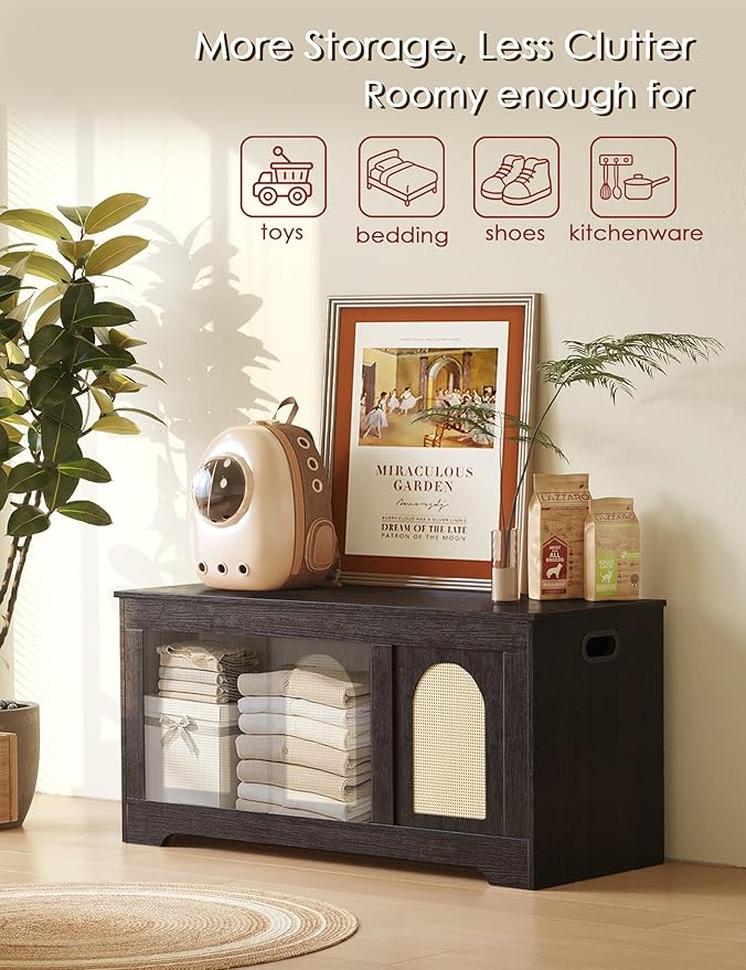 DINZI LVJ Storage Chest, 39.4" Rattan-Like Storage Box with 2 Safety Hinges, Wooden Entryway Shoe Bench with Flip-Top, Bedroom, Easy Assembly, Espresso and Natural