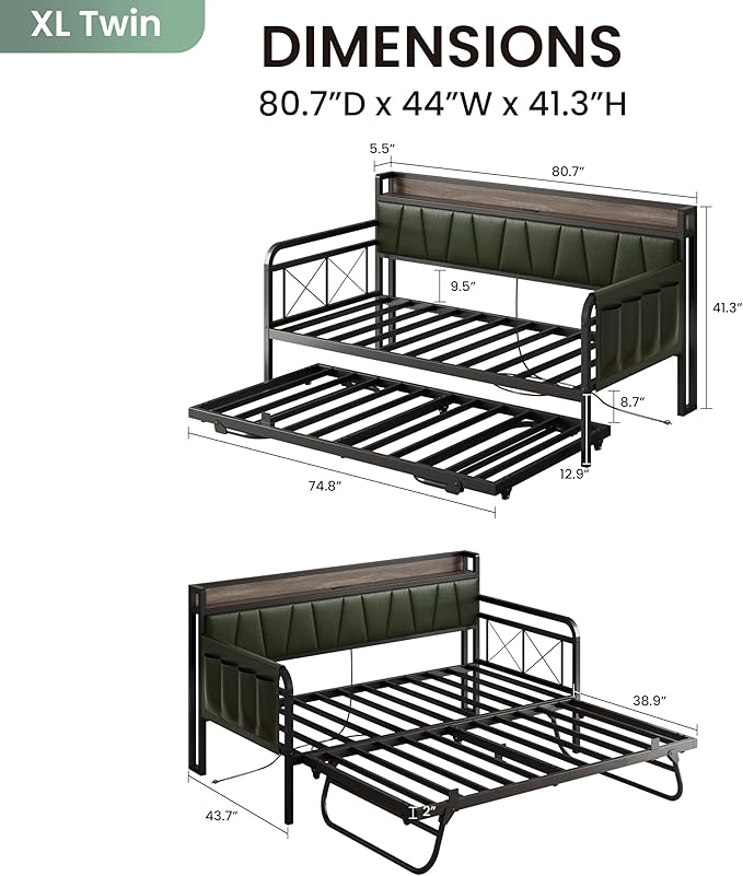 LIKIMIO Daybed with Trundle Bed, Twin XL Bed Frame with Storage Headboard and Charging Station, Sofa Day Bed with Strong Supports for Living Room, Bedroom, and Guest Room, Green
